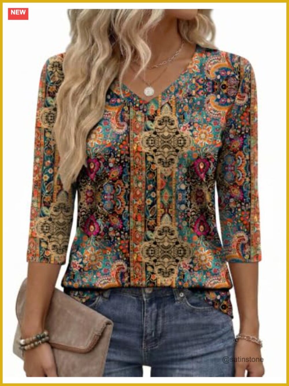 Women's Casual V-Neck 3/4 Sleeve Blouse Basic T-Shirts